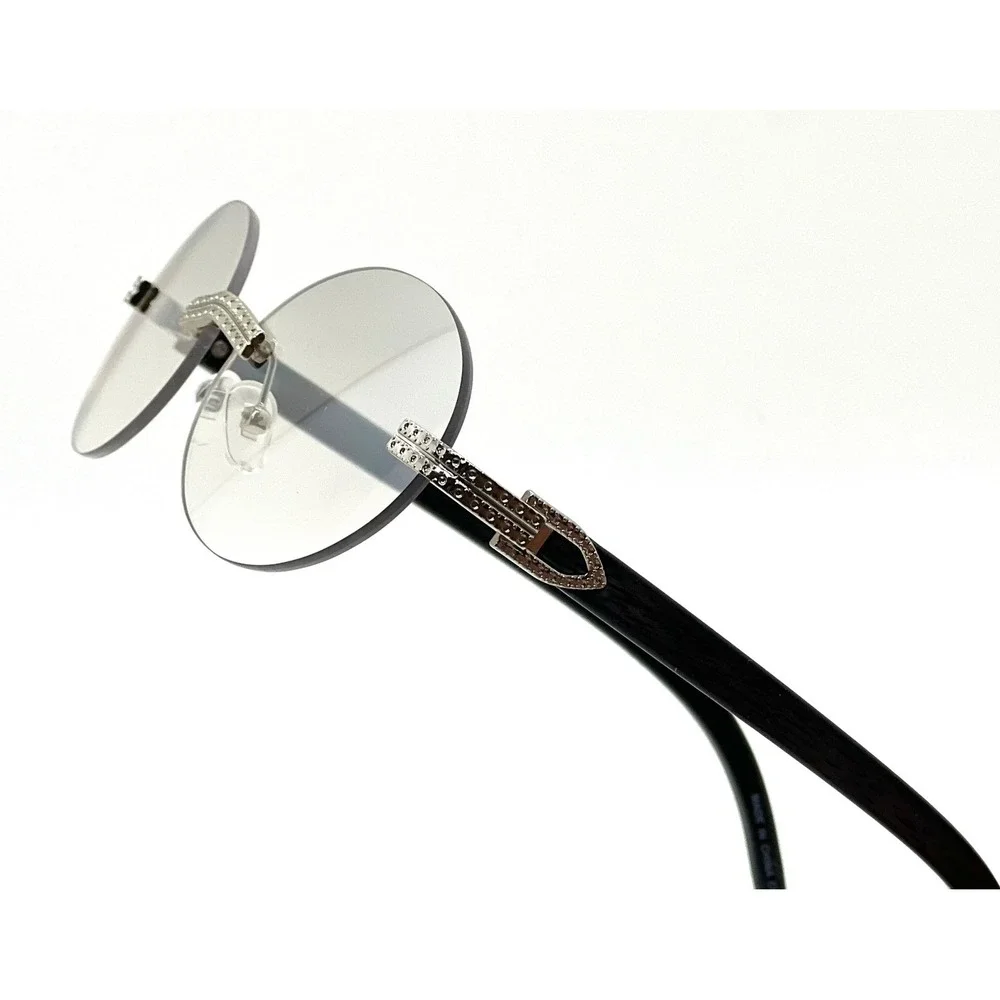 Rimless Round Sunglasses Silver Clear Lens Gold Accents Wood Arms Fashion Gafas‎